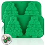 3D Christmas Tree with Bow 4 Cavity Silicone Mold Tray for Festive Brownies, Cake Bars, Chocolate, Jelly, Soap & Candle Making