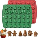 Gingerbread Man, Gift Box, Mitten, Snowman and Christmas Tree Mini Shapes 2 Pack Silicone Fondant and Chocolate Mold Tray Set for Holiday Candy Making, Cupcake Toppers, Ice Cubes, Wax Melts & Resin Crafts